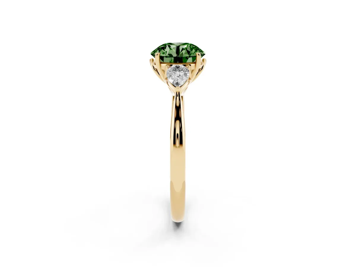 Fancy Green Round Cut Diamond Three-Stone Ring with Pear Side Stones and Prong Setting Yellow gold