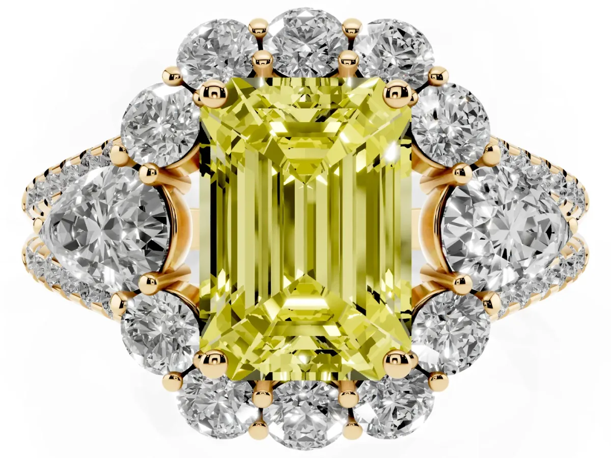 Fancy Yellow Emerald Cut Halo Split Shank Diamond Engagement Ring with Prong Setting Yellow gold