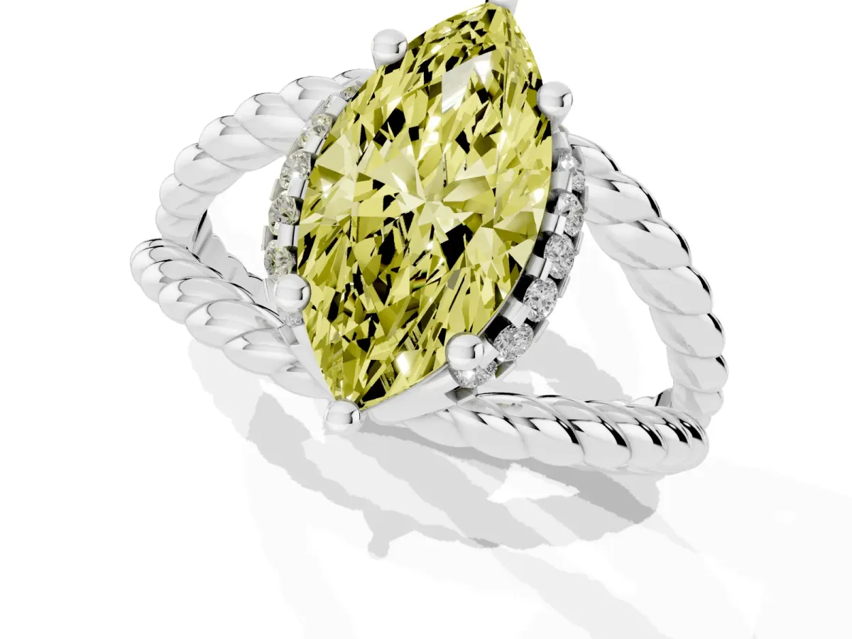 Fancy Yellow Marquise Cut Halo Twisted Band Four-Prong Ring Platinum
