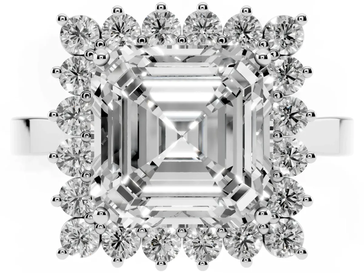 Asscher Cut Cut Diamond Halo Ring with Round Brilliant Halo and Solitaire Band White gold