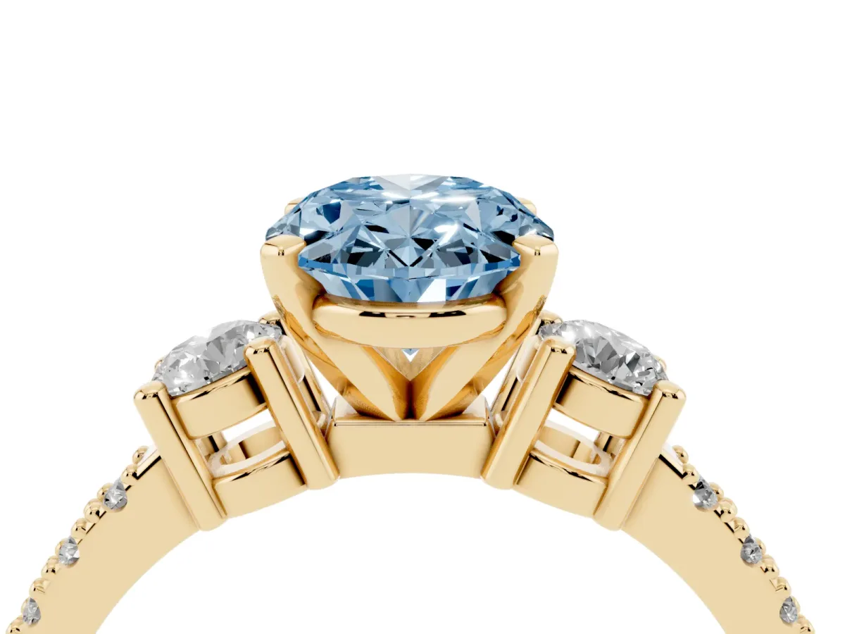 Fancy Blue Oval Cut Three-Stone Diamond Pavé Band with Prong Setting Yellow gold