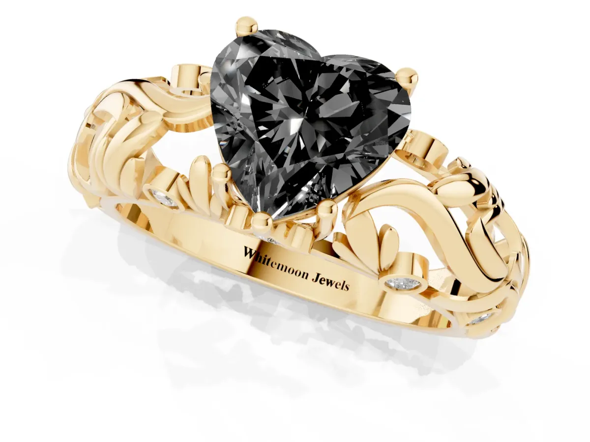 Fancy Black Heart Cut Solitaire Diamond Leaf-Inspired Vine Band Ring with Prong Setting Yellow gold