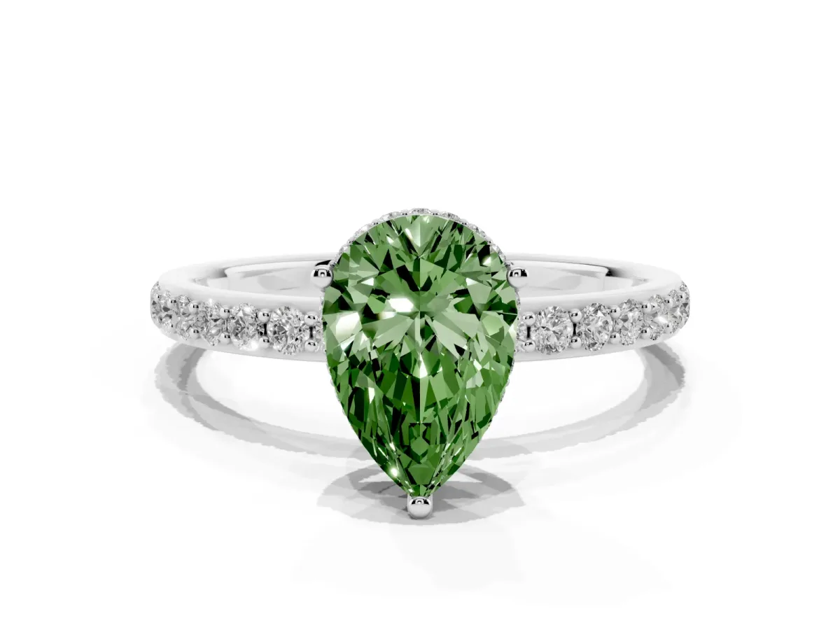 Fancy Green Pear Cut Diamond Solitaire Ring with Pavé Band and Hidden Halo Platinum