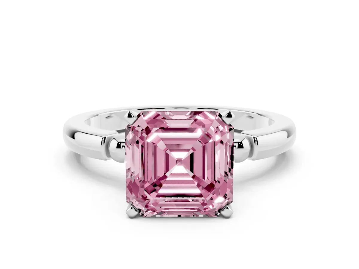 Fancy Pink Asscher Cut Solitaire Beaded Band with Four-Prong Setting Silver