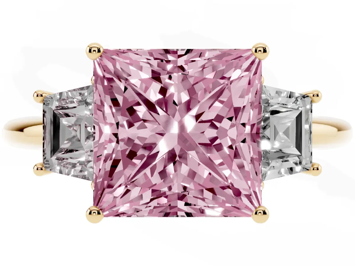 Fancy Pink Princess Cut Diamond Three-Stone Ring with Trapezoid Side Stones and Prong Setting Yellow gold