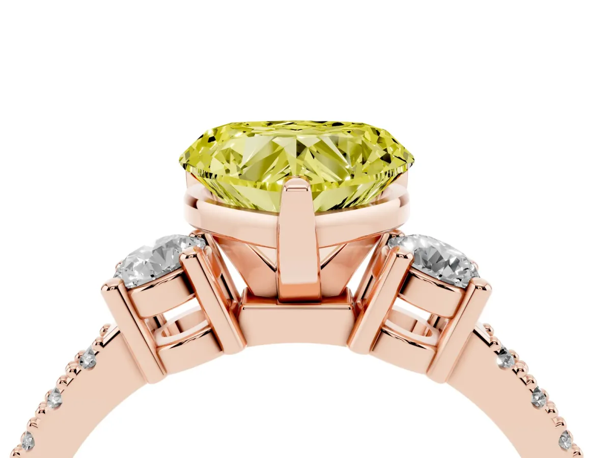 Fancy Yellow Heart Cut Three-Stone Diamond Pavé Band with Prong Setting Rose gold