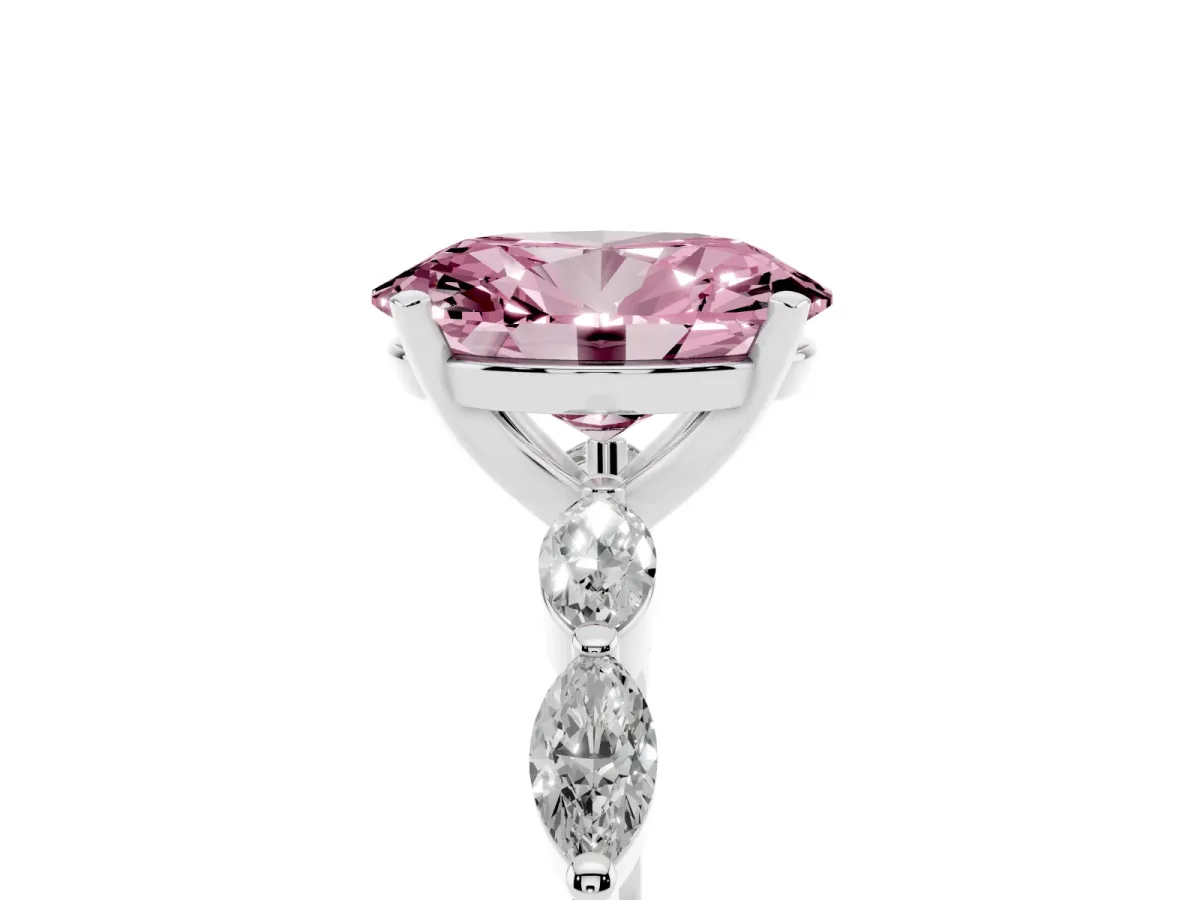 Fancy Pink Oval Cut Diamond Ring with Marquise Side Stones and Prong Setting White gold
