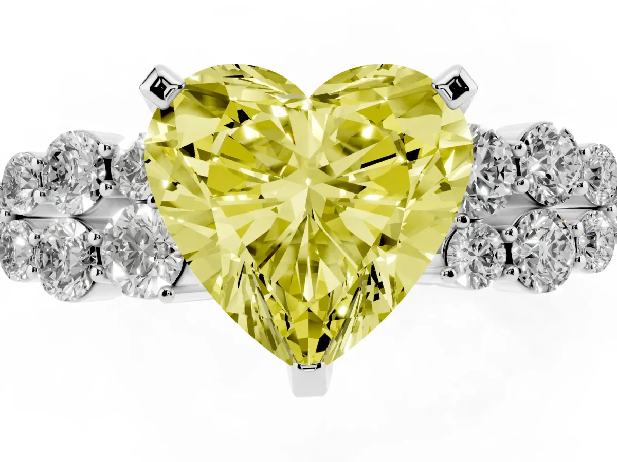 Fancy Yellow Heart Cut Cluster Diamond Engagement Ring with Pavé Band and Four-Prong Setting White gold