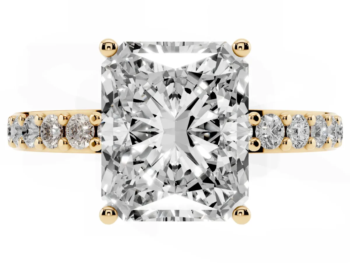 Radiant Cut Cut Diamond Solitaire with Pave Band and Four-Prong Setting Yellow gold