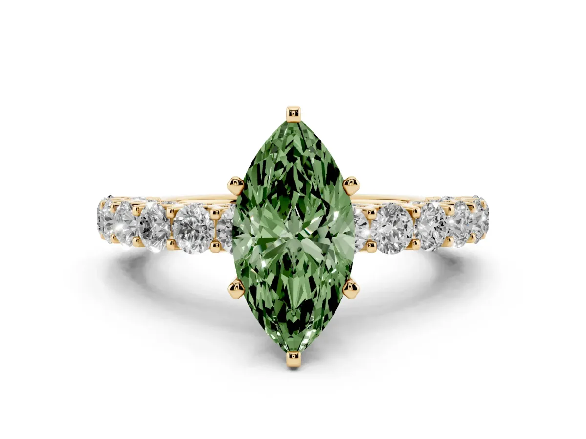 Fancy Green Marquise Cut Diamond Solitaire Ring with Shared Prong Pavé Band and Four-Prong Setting Yellow gold