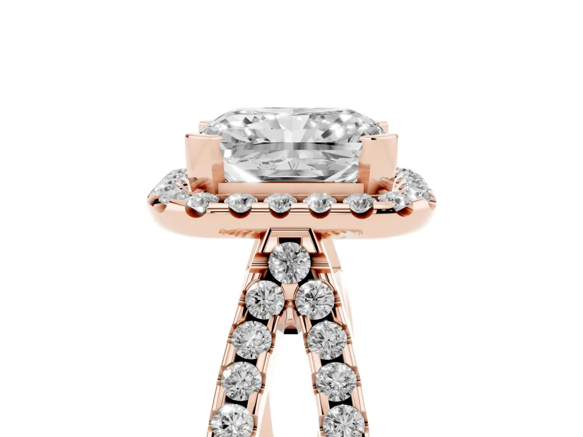 Radiant Cut Diamond Halo Ring with Split Shank Pavé Band and Prong Setting Rose gold