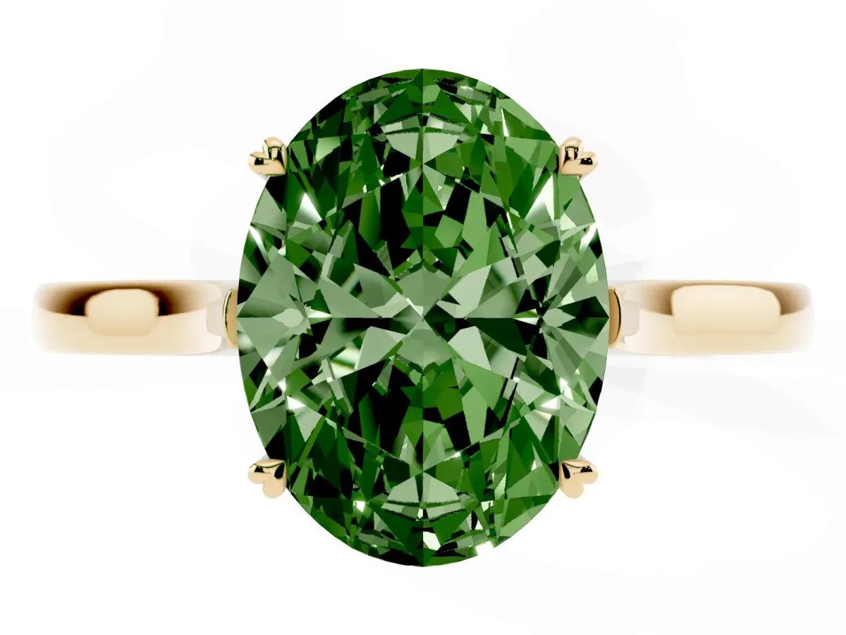 Fancy Green Oval Cut Solitaire Heart Prong Engagement Ring with Tapered Band Yellow gold