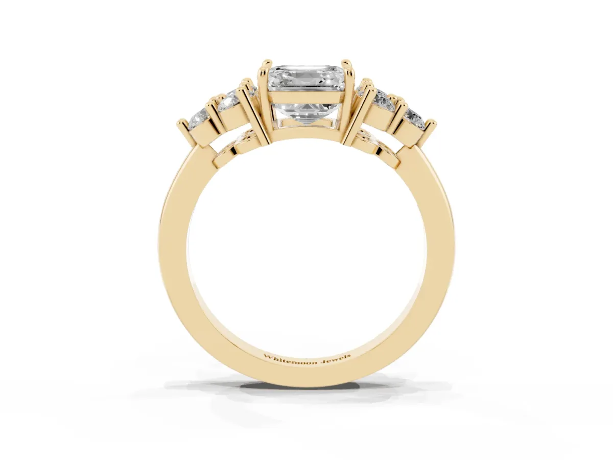 Asscher Cut Brilliant Diamond Cluster Accent Solitaire Ring with Prong Setting Yellow gold