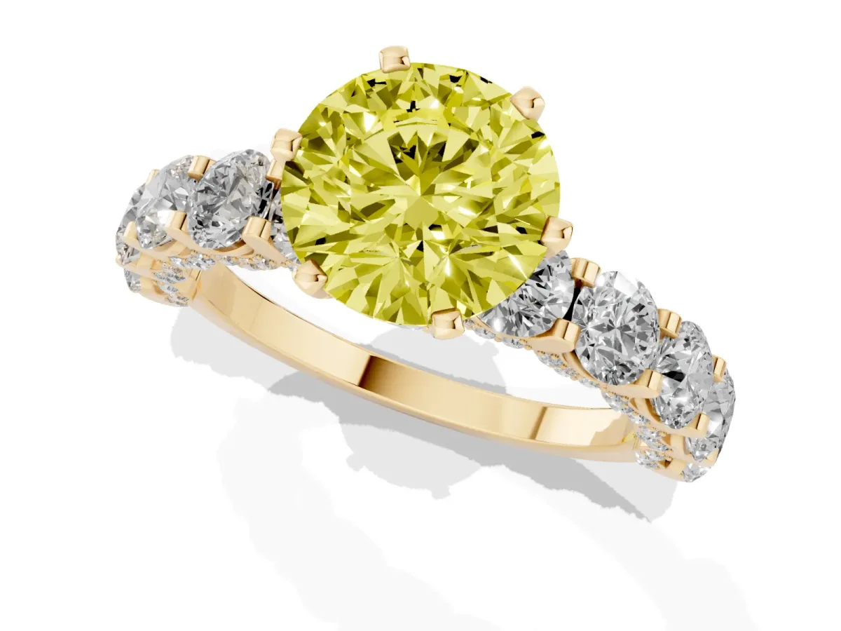 Fancy Yellow Round Cut Diamond Side Stone Engagement Ring with Four-Prong Setting Yellow gold