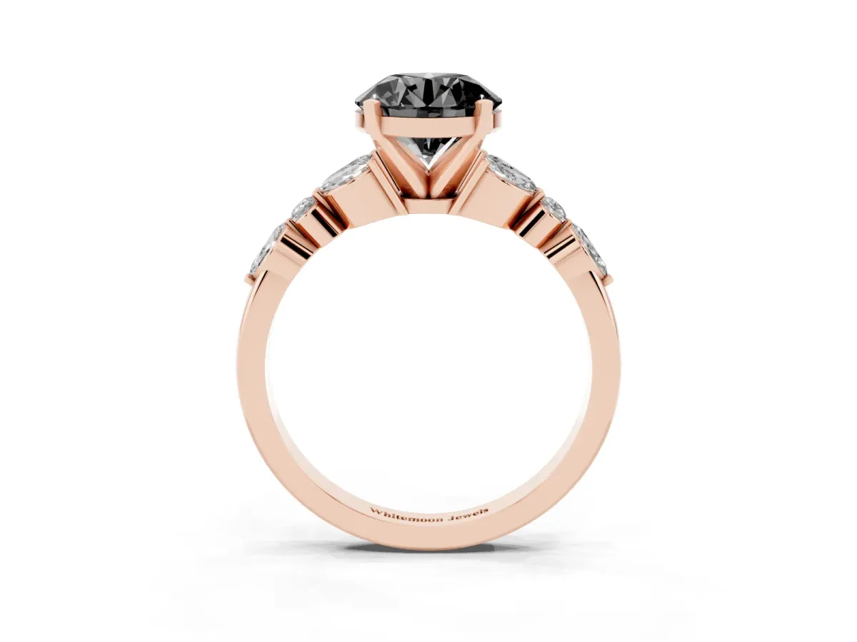 Fancy Black Round Cut Diamond Solitaire Ring with Side Stones and Four-Prong Setting Rose gold
