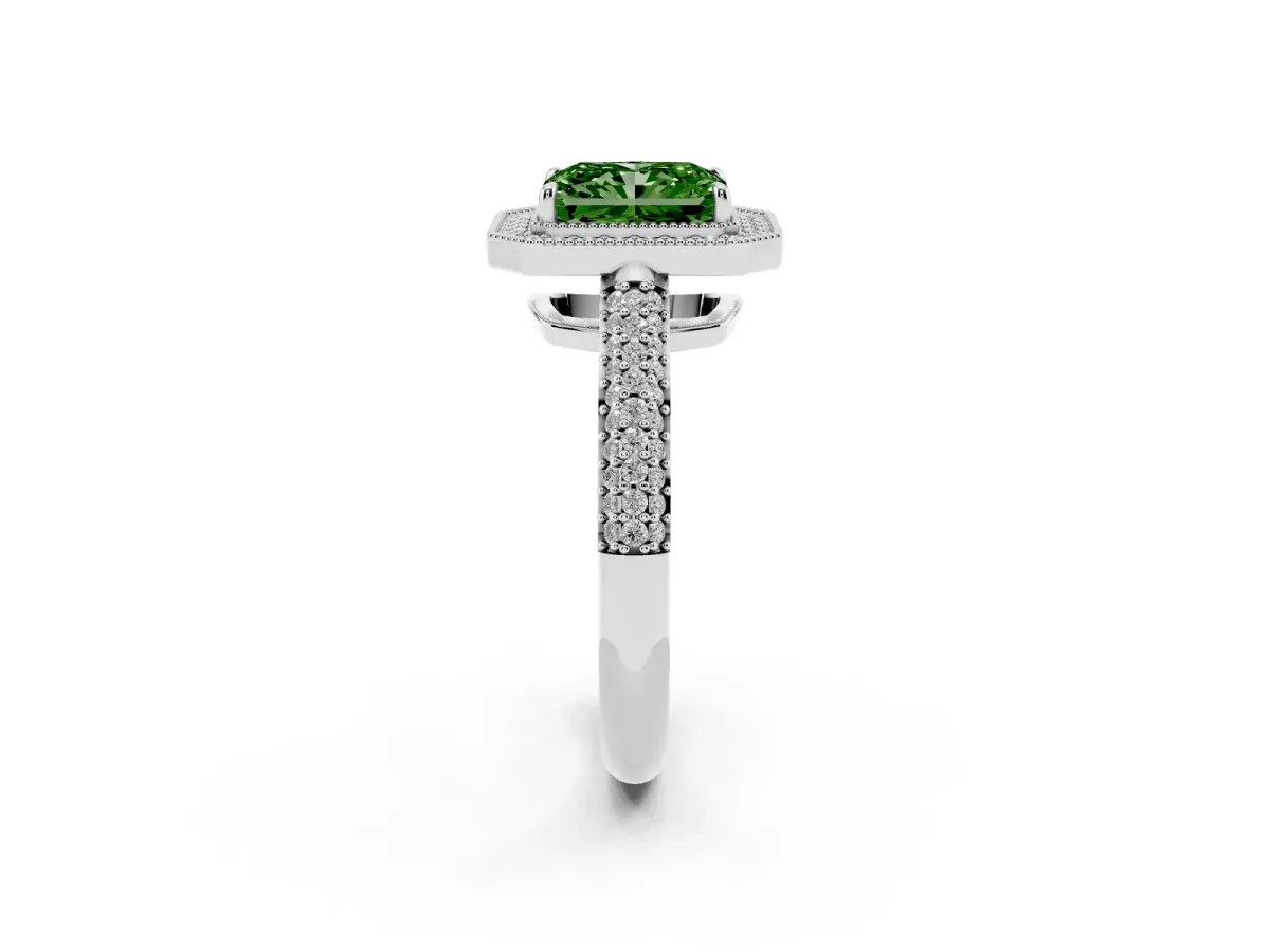 Fancy Green Radiant Cut Cut Halo Diamond Pave Band with Four-Prong Setting Silver
