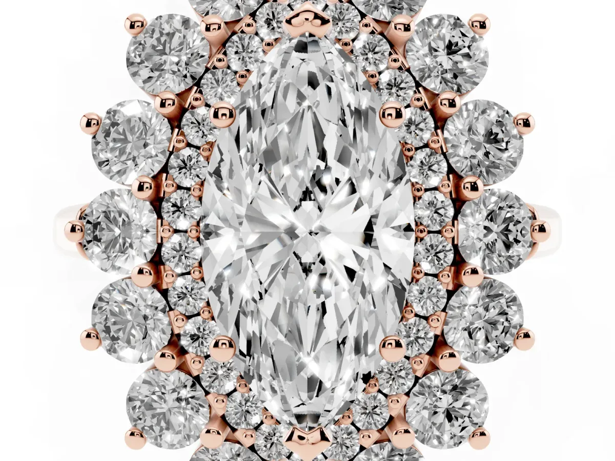 Marquise Cut Diamond Floral Double Halo Engagement Ring with Prong Setting Rose gold