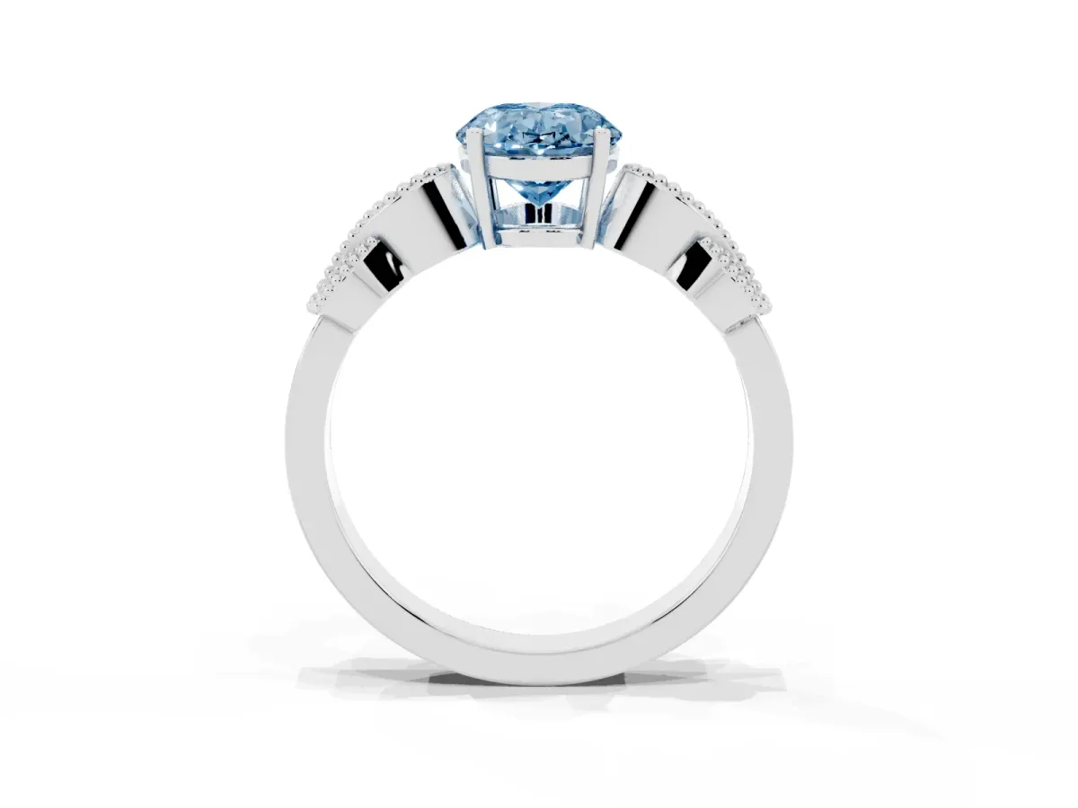 Fancy Blue Oval Cut Solitaire Milgrain Leaf Band with Prong Setting Silver