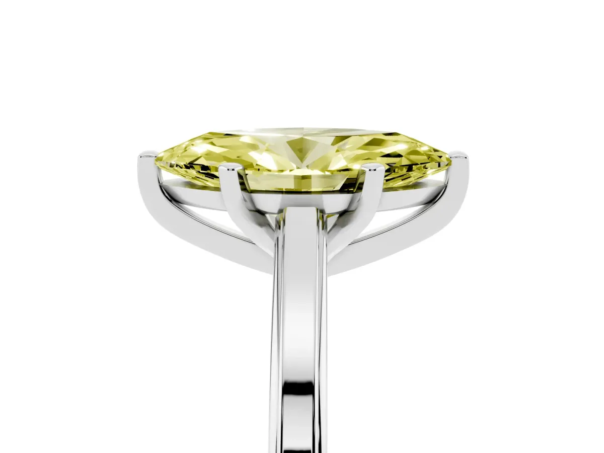 Fancy Yellow Marquise Cut Solitaire Diamond Ring with Four-Prong Setting and Classic Band Platinum