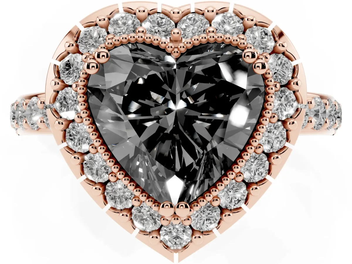 Fancy Black Heart Cut Diamond Halo Ring with Pavé Band and Prong Setting Rose gold
