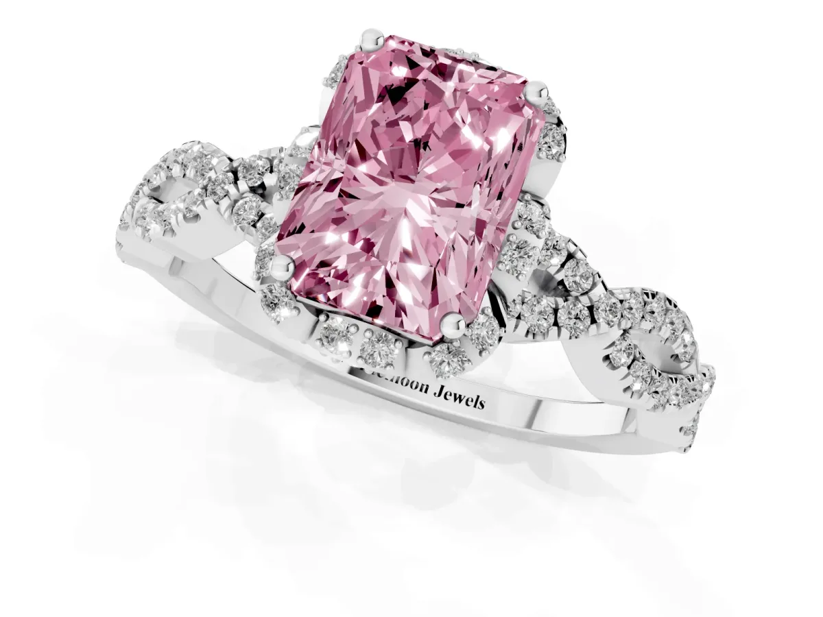 Fancy Pink Radiant Cut Halo Twist Band Solitaire Ring with Six-Prong Setting White gold