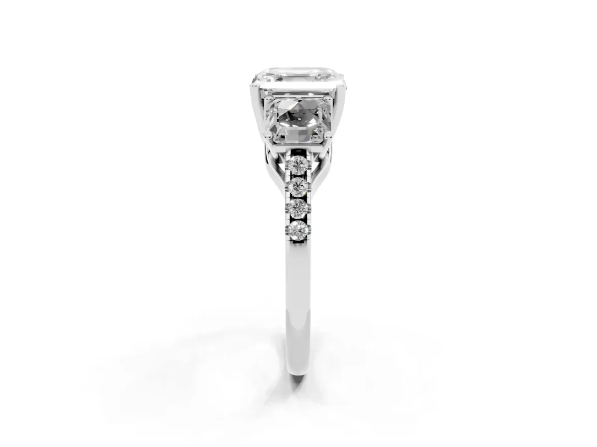 Three-Stone Asscher Cut Diamond Ring with Round Pavé Band and Prong Setting Silver