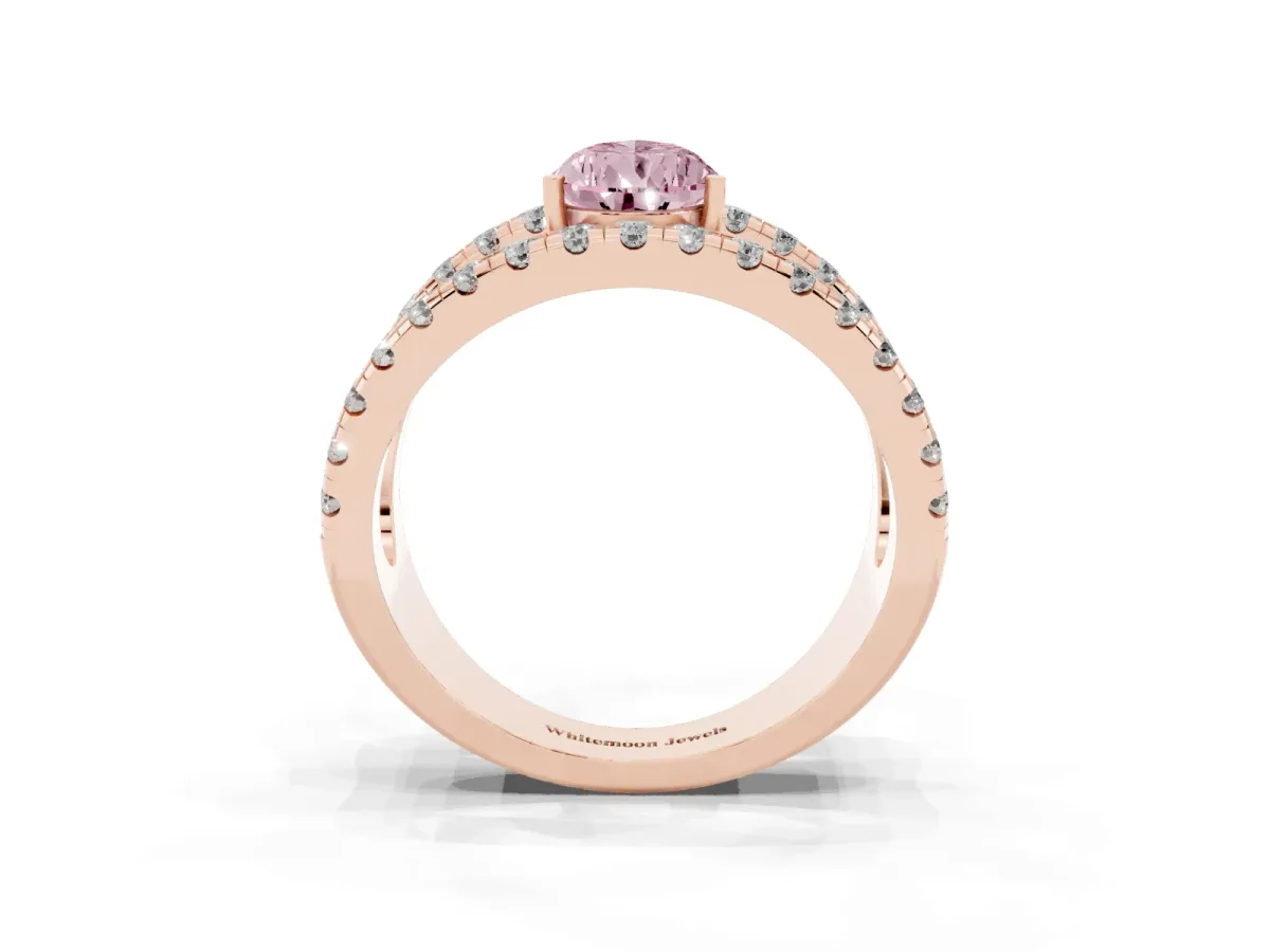 Fancy Pink Pear Cut Solitaire Split Shank Pave Diamond Ring Rose gold
