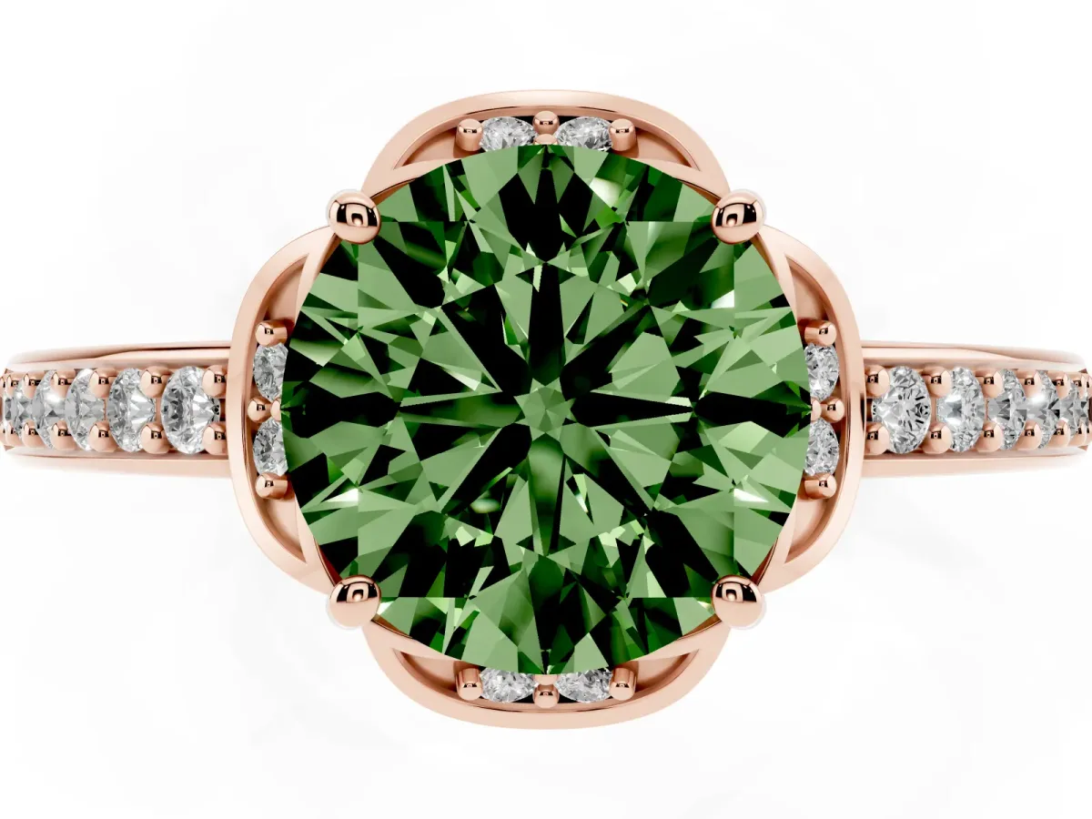 Fancy Green Round Cut Cut Halo Diamond Ring with Channel Set Band and Four-Prong Setting Rose gold