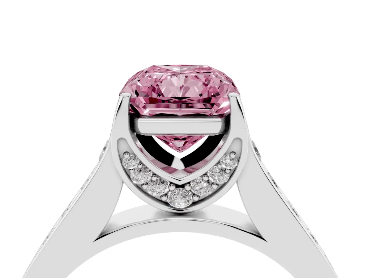 Fancy Pink Radiant Cut Brilliant Cut Diamond Engagement Ring with Pavé Band and Four-Prong Setting White gold