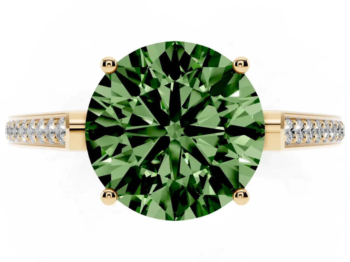 Fancy Green Round Cut Cut Cathedral Pave Diamond Engagement Ring with Six-Prong Setting Yellow gold