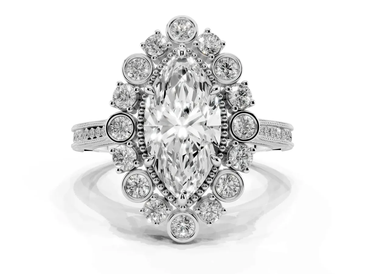 Marquise Cut Halo Milgrain Pave Diamond Ring with Four-Prong Setting Silver