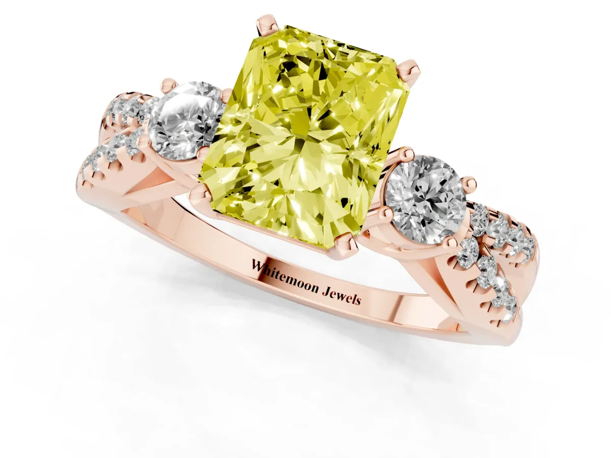 Fancy Yellow Radiant Cut Diamond Three-Stone Ring with Pavé Split Shank and Four-Prong Setting Rose gold