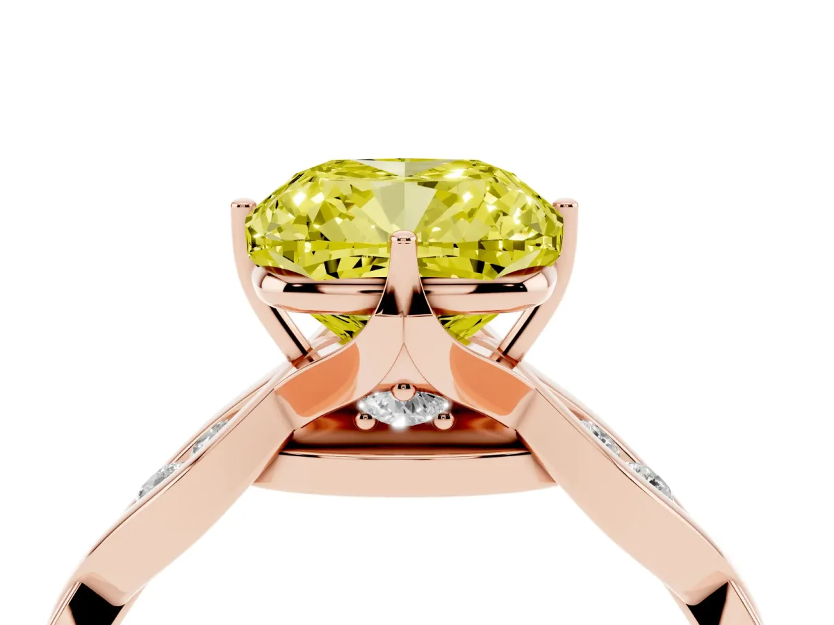 Fancy Yellow Cushion Cut Solitaire Twist Band with Leaf Prong Setting Rose gold