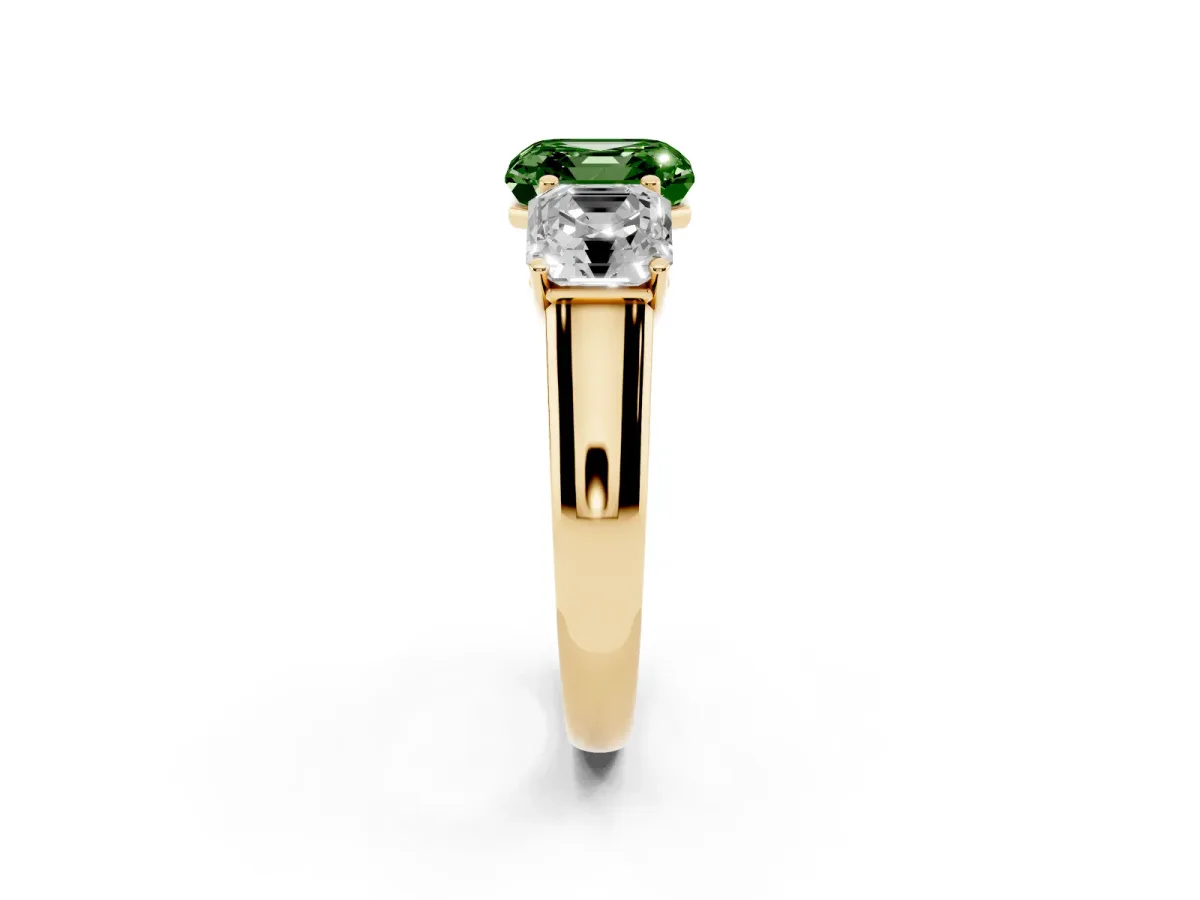 Fancy Green Asscher Cut Three-Stone Diamond Ring with Prong Setting on a Classic Band Yellow gold