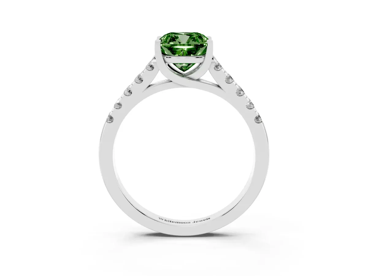 Fancy Green Cushion Cut Diamond Pavé Band Solitaire Ring with Prong Setting Silver