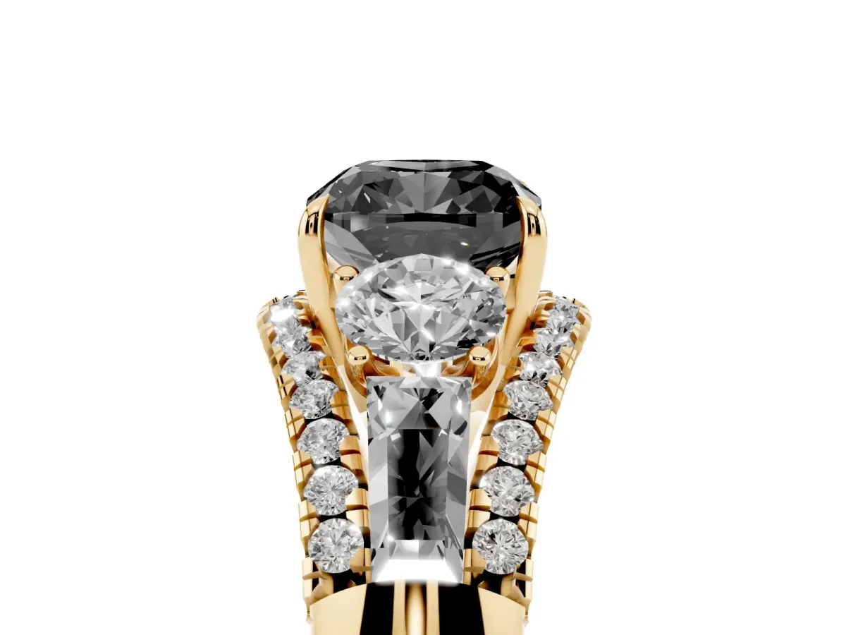 Fancy Black Three-Stone Cushion Cut Diamond Engagement Ring with Pave Band and Prong Setting Yellow gold