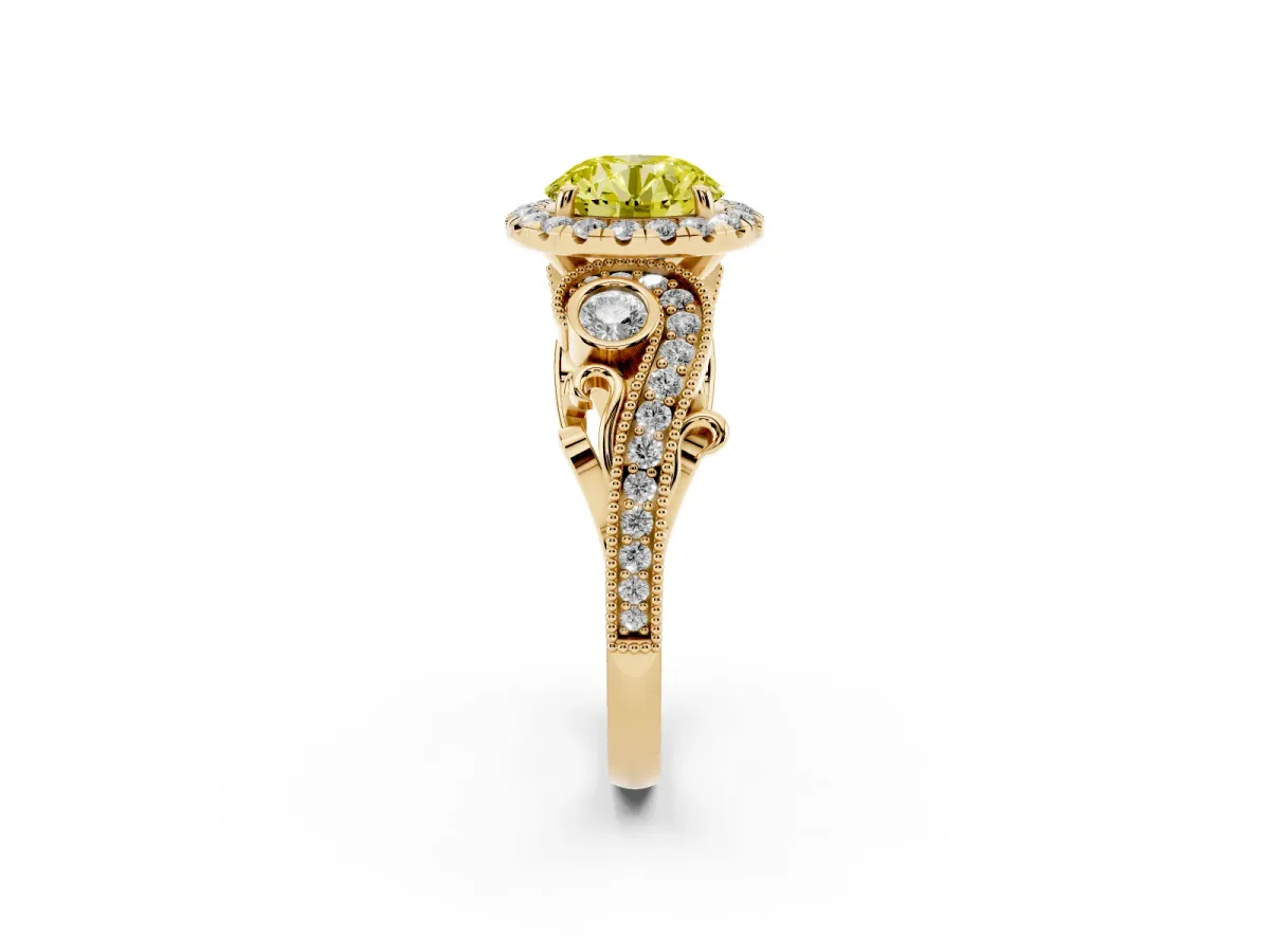Fancy Yellow Round Cut Halo Diamond Ring with Milgrain and Bezel Accents on a Split Shank Band Yellow gold