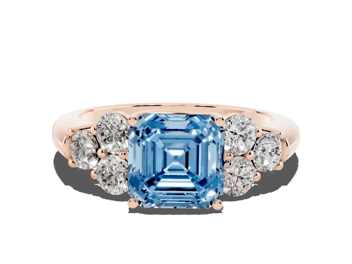 Fancy Blue Asscher Cut Cut Diamond Cluster Ring with Round Accent Stones and Prong Setting on a Classic Band Rose gold