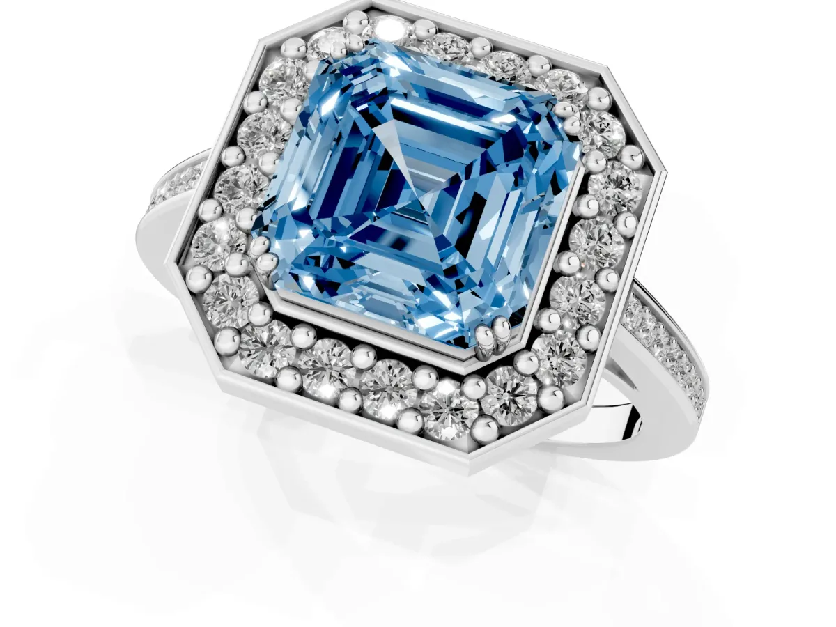 Fancy Blue Asscher Cut Diamond Halo Ring with Split Shank and Four-Prong Setting Platinum