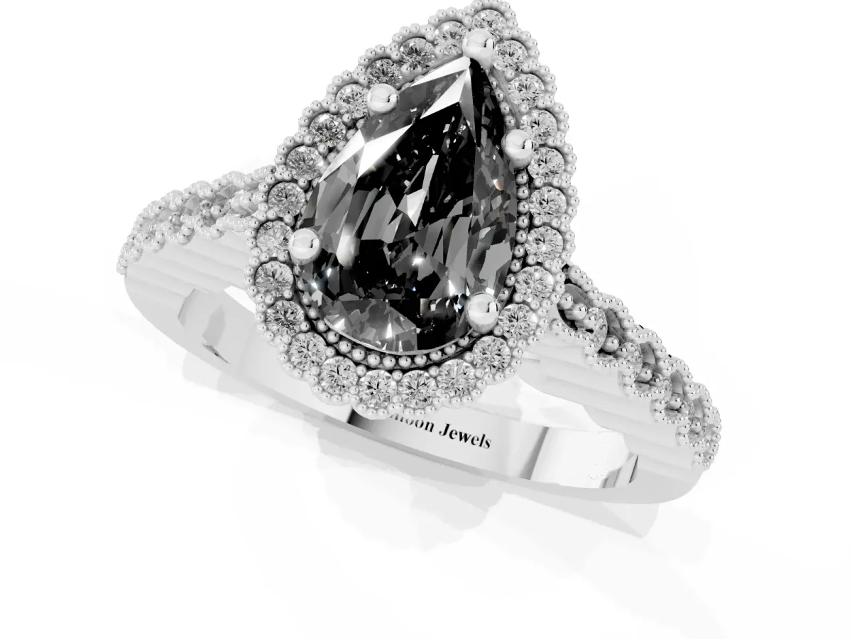 Fancy Black Pear Cut Cut Halo Pavé Solitaire Ring with Milgrain Band Platinum