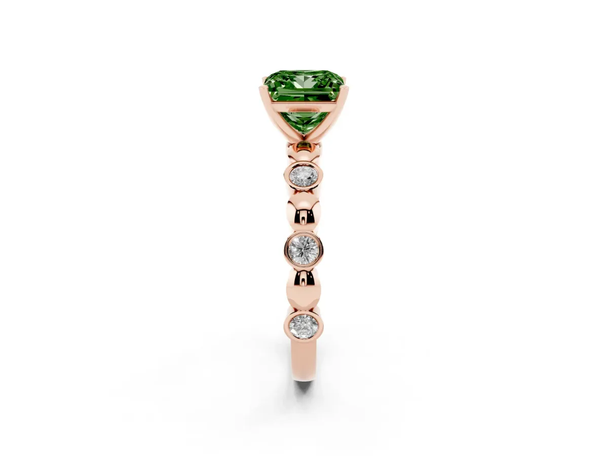Fancy Green Princess Cut Solitaire Bezel-Set Diamond Ring with Beaded Band and Four-Prong Setting Rose gold