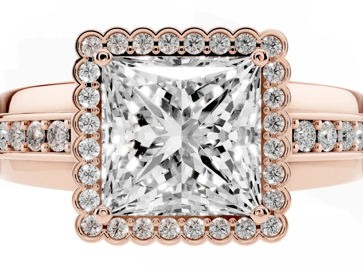 Princess Cut Cut Halo Pave Band Four-Prong Ring Rose gold