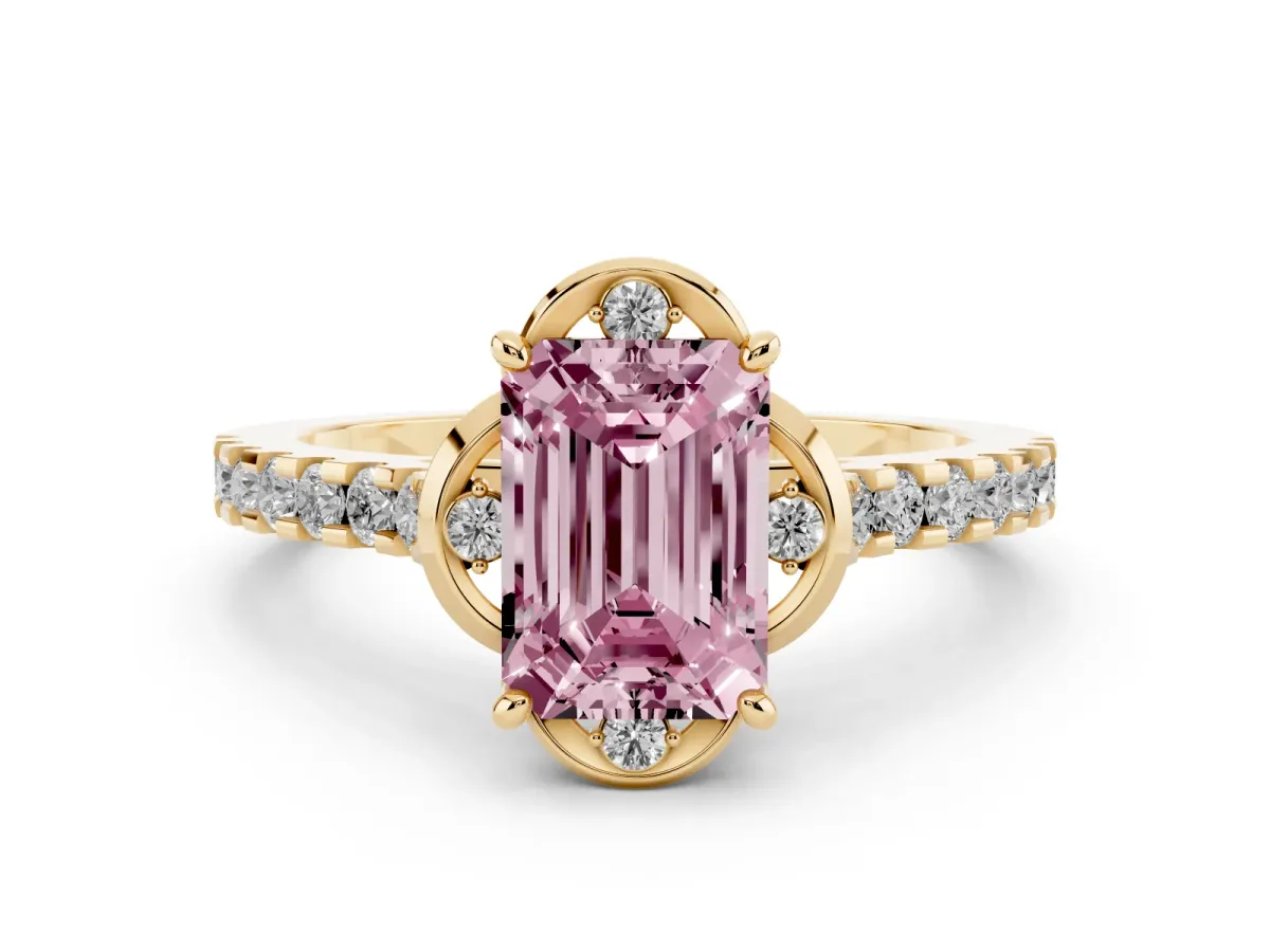 Fancy Pink Emerald Cut Diamond Ring with Pavé Band and Floral Prong Setting Yellow gold