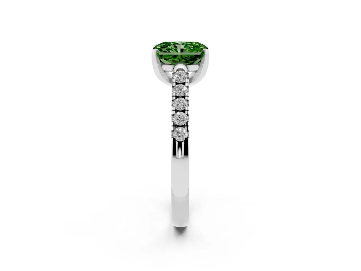 Fancy Green Radiant Cut Diamond Pavé Band Solitaire Ring with Prong Setting Silver
