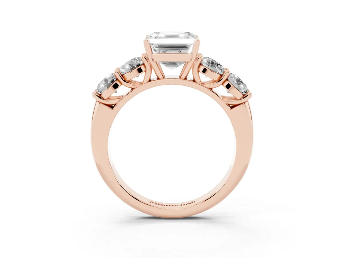 Asscher Cut Cut Five-Stone Prong Set Diamond Ring with Classic Band Rose gold