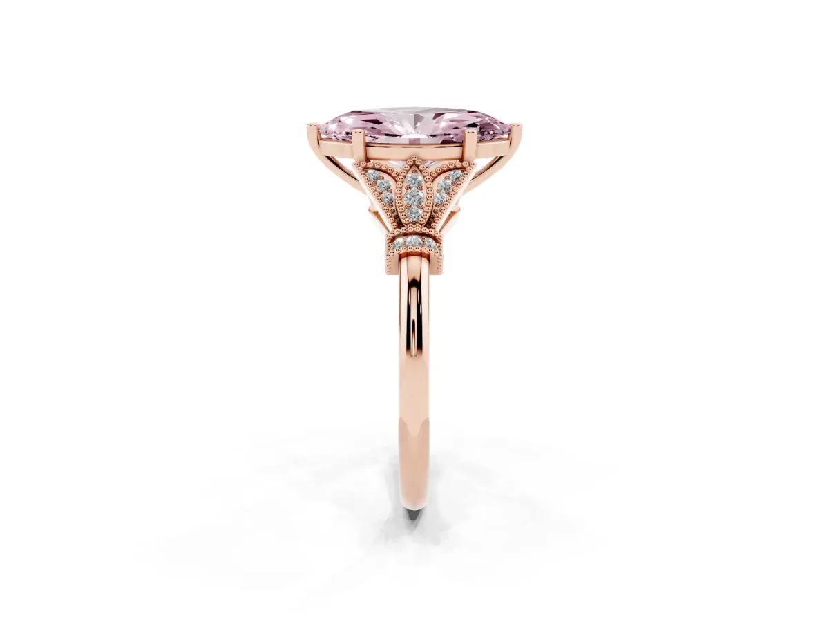 Fancy Pink Marquise Cut Diamond Solitaire Ring with Floral Filigree and Pave Accents Rose gold