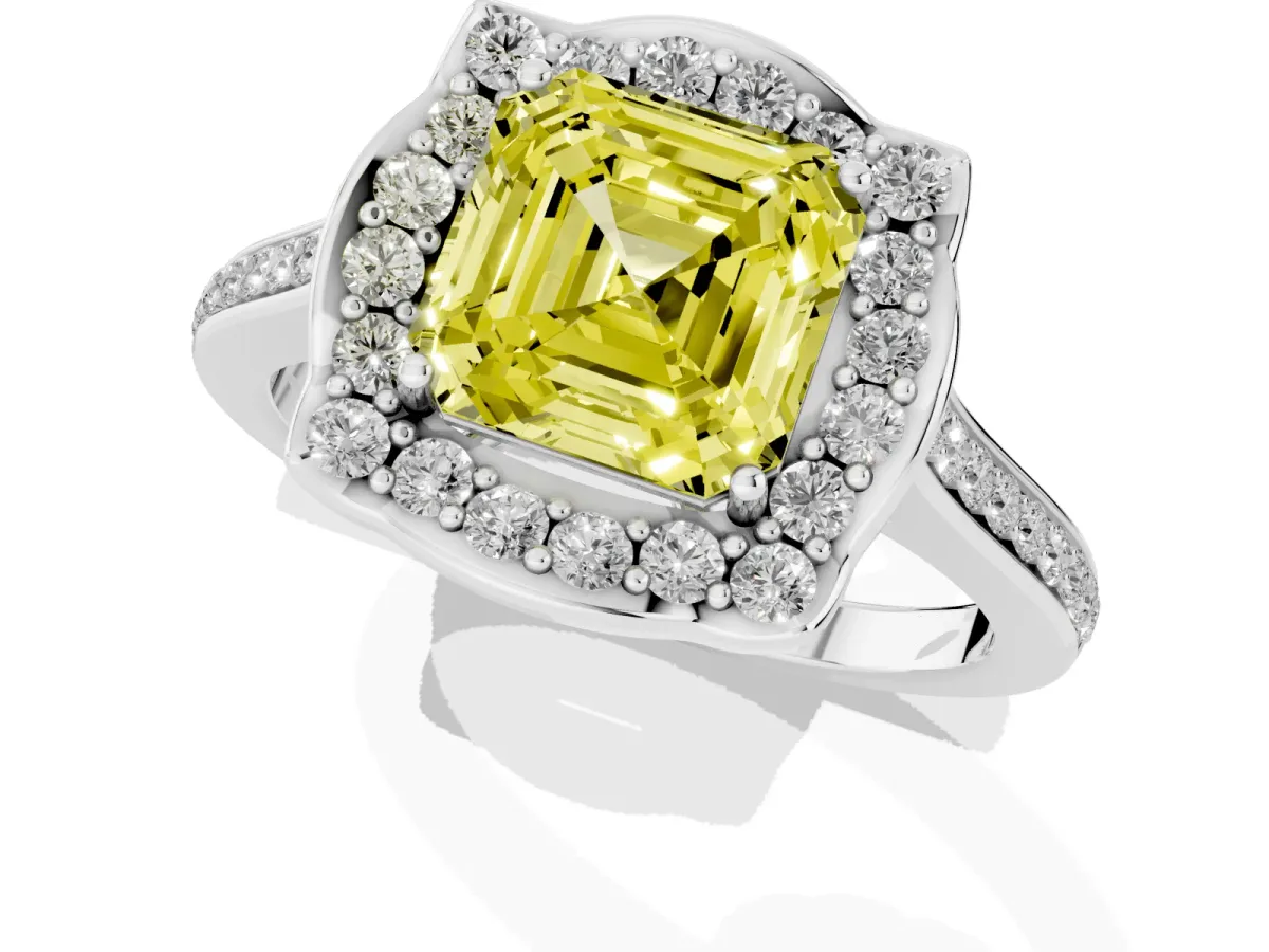 Fancy Yellow Asscher Cut Halo Round Diamond Pave Band with Four-Prong Setting Silver