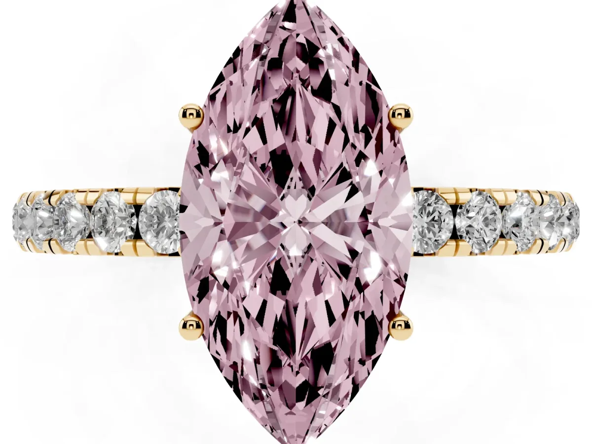 Fancy Pink Marquise Cut Diamond Pavé Solitaire Engagement Ring with Four-Prong Setting Yellow gold