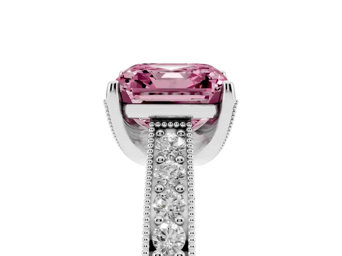 Fancy Pink Asscher Cut Cut Diamond Solitaire Ring with Milgrain Pave Band and Four Prong Setting Silver