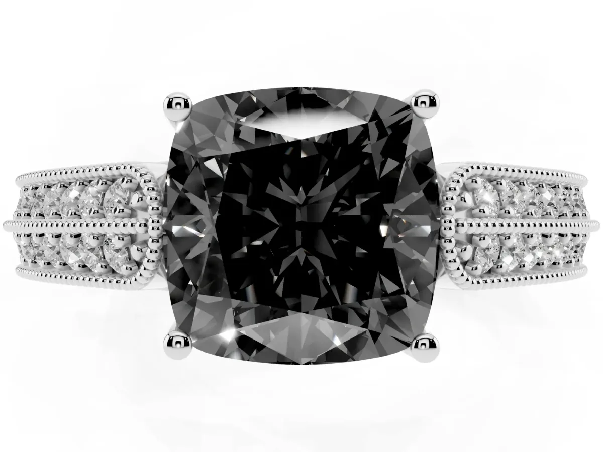 Fancy Black Cushion Cut Cut Pave Split Shank Engagement Ring with Four-Prong Setting White gold